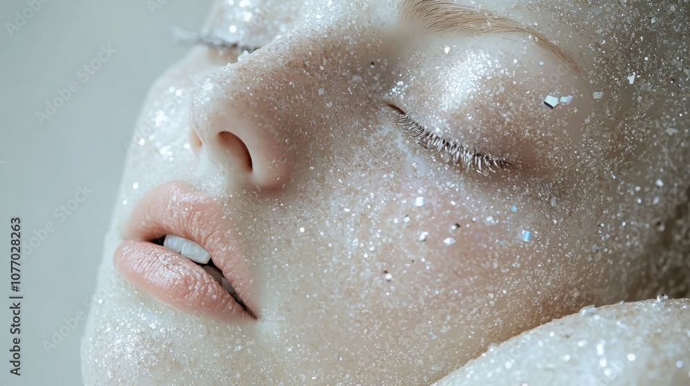Fototapeta premium A serene face adorned with shimmering glitter, capturing the beauty of artful self-expression in soft lighting