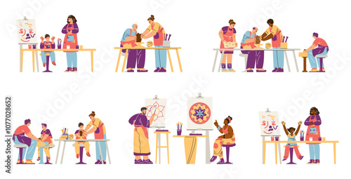 A vector set showing art therapy classes where teachers help adults and children practice art