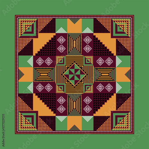 Traditional Sadu art with colorful geometric patterns on a green background. Beautiful decorative art of Arab heritage.