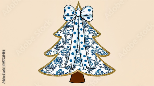 a blue and white Christmas tree with a bow on it.