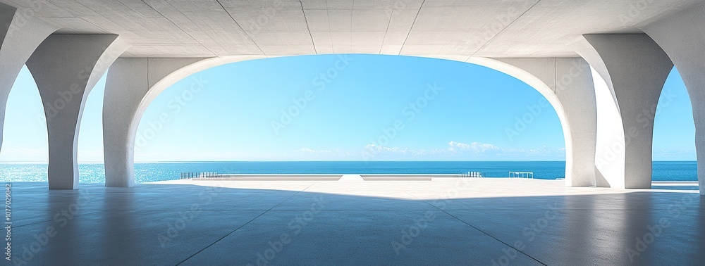 Fototapeta premium A wide-angle view of an empty concrete floor with white columns and a bridge over the ocean in front