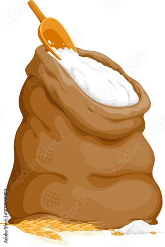 Barley flour bag. Isolated cartoon vector large brown burlap sack filled with flour, accompanied by a bundle of stalks, grains and wooden scoop, represents agriculture, baking, and natural ingredients