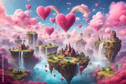 A vibrant fantasy landscape with floating islands shaped like hearts rainbow waterfalls, AI Generated