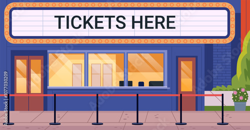 Cinema ticket booth exterior with marquee sign. Empty queue barriers in front of a blue building with large windows and doors. Bright colors
