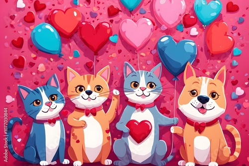 A vibrant valentines day background with cartoon style cats and dogs holding heart shaped balloons, AI Generated