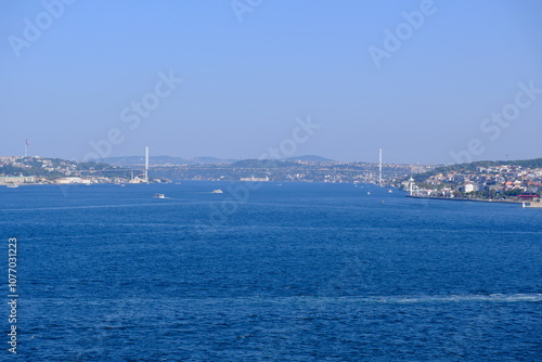 Bosphorus strait view, blue sea of Marmara, distant view of Bosphorus Bridge photo