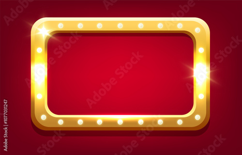 Gold frame with light bulbs on a red background. Vector illustration.