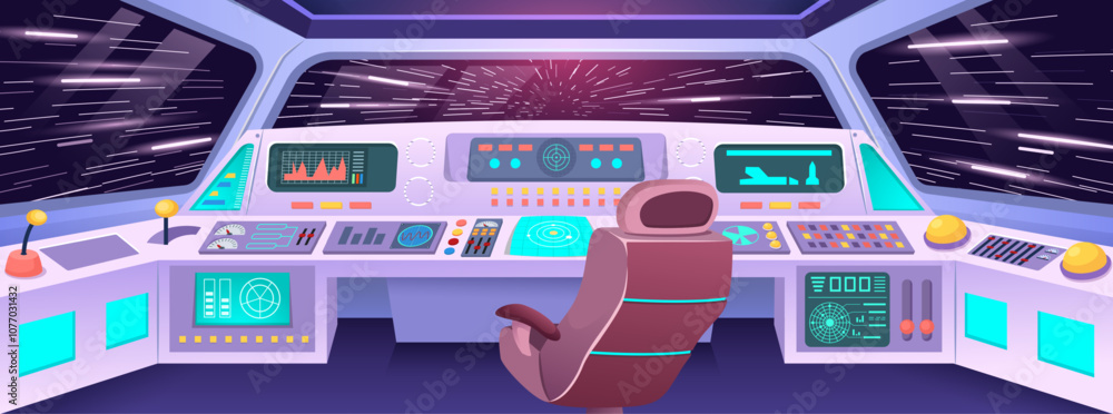Futuristic spaceship cockpit. Hyper jump view from space station cabin with high tech control panel, pilot seat and cosmic backdrop. Cartoon interstellar travel vector illustration.
