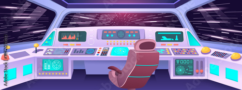 Futuristic spaceship cockpit. Hyper jump view from space station cabin with high tech control panel, pilot seat and cosmic backdrop. Cartoon interstellar travel vector illustration.