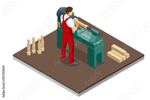 Isometric Wood lathe .The Carpenter turning wood on a lathe in a workshop or factory. Woodworking machine