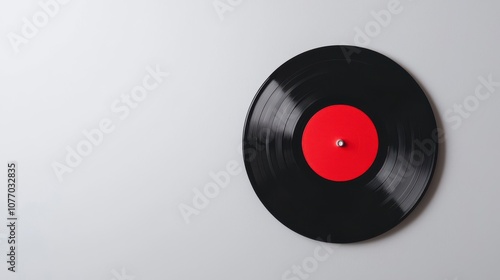 A classic black vinyl record with a vibrant red label displayed against a minimalist background for music enthusiasts.