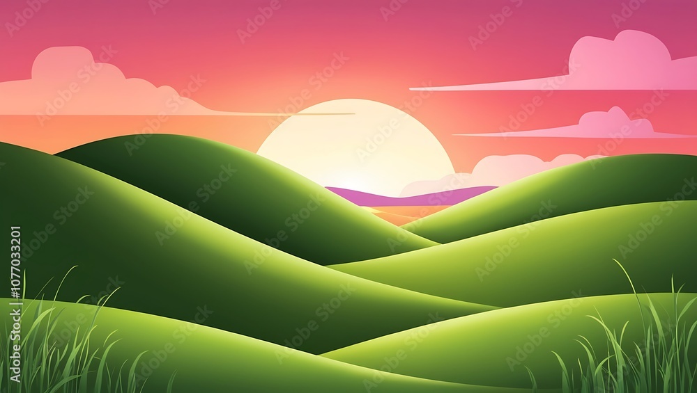 Obraz premium Sunset over Rolling Green Hills and Grass