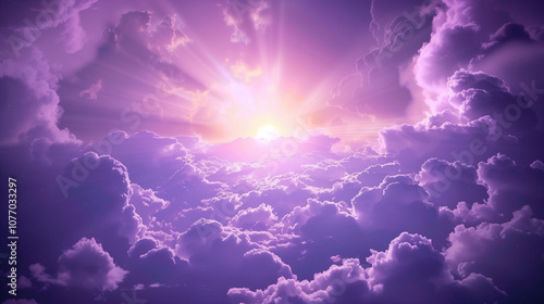 Dramatic sky and a view of infinity. Clouds in sunset, place for copy space. Look up to the sky, amazing desktop wallpaper. Purple pink illuminated cloud