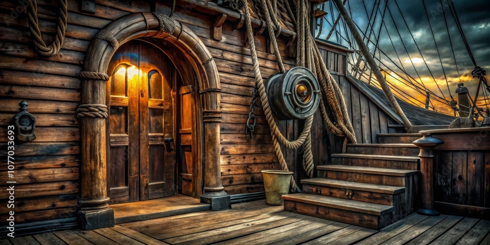 Fototapeta premium Wooden Ship Doorway with Sunset View, Nautical, Seafaring