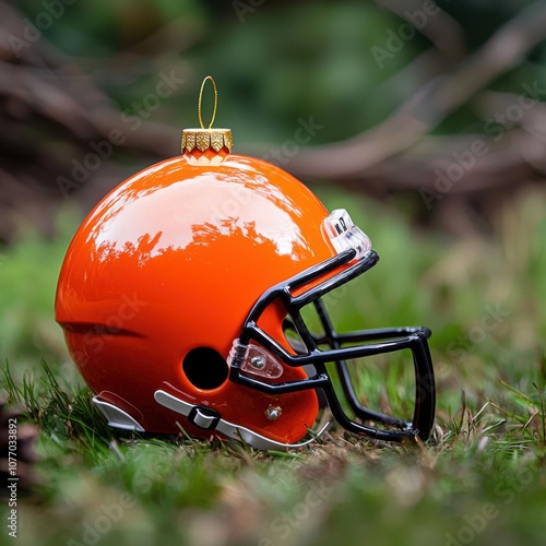 A Cleveland Browns football helmet ornament sits on grass, combining sports with festive cheer in a unique holiday decoration. photo