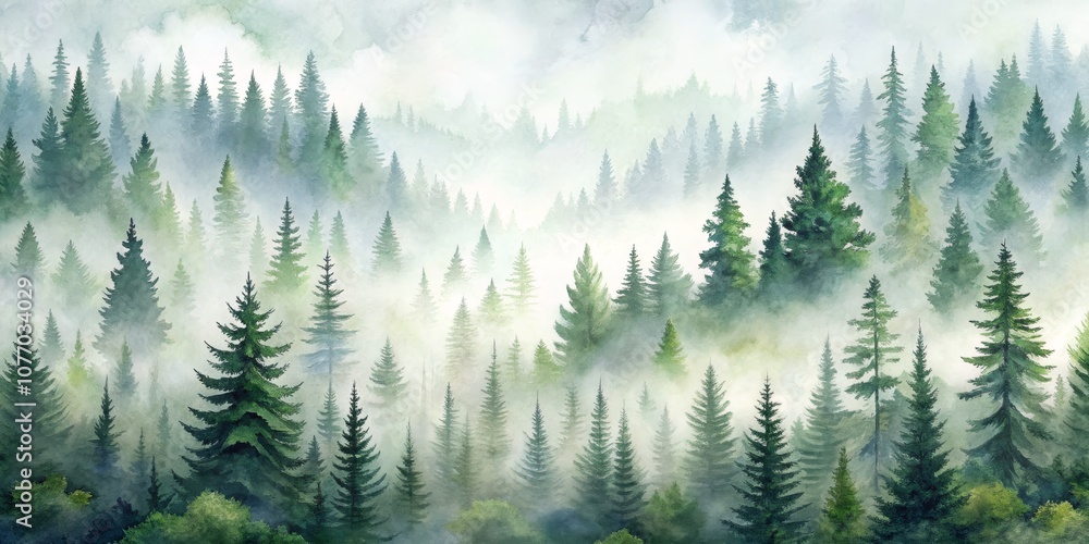 Fototapeta premium Watercolor Painting of a Misty Forest with Tall Pine Trees, watercolor, illustration , nature