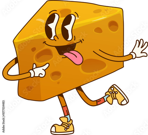 Funny groovy cartoon cheese character with funky face and smile, vector retro comic emoji. Groovy cheese piece with holes and yummy or silly tongue out emotion for retro cartoon hippie character