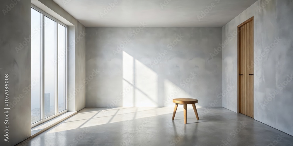 Fototapeta premium Minimalist Interior Design A Single Stool in a Room with Large Window and Door, Interior Design, Minimalism