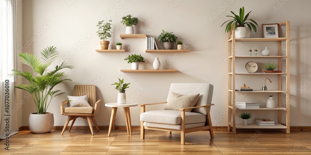 Fototapeta premium Minimalist Living Room with Wooden Shelves and Plants, Interior Design, Home Decor, Living Room Furniture ,interior design, home decor