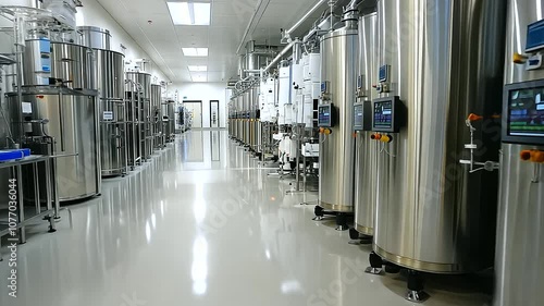 A vast industrial room dominated by gleaming stainless steel bioreactors, their smooth surfaces catching the light. The bioprocessing facility is pristine, with pipes and valves me