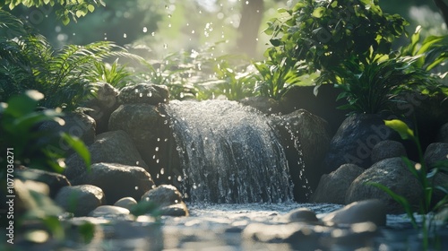 Wallpaper Mural Serene Waterfall Oasis, a gentle cascade flows over smooth stones, framed by lush greenery, sunlight sparkles on water droplets, creating a peaceful, calming atmosphere Torontodigital.ca