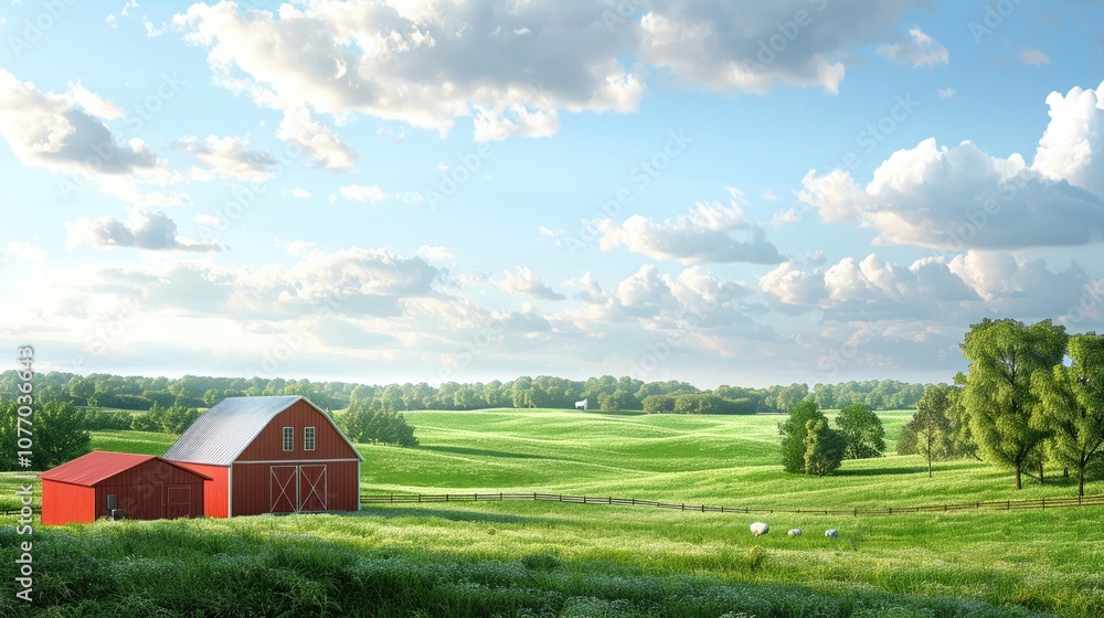 Obraz premium Idyllic farm with a red barn green fields