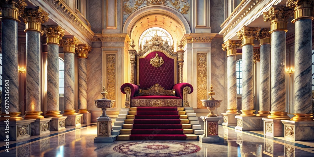Fototapeta premium Golden Throne Room with Marble Columns and Red Carpet, Throne, Palace , Royalty