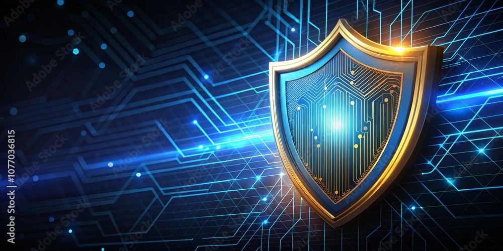 Fototapeta premium Golden Shield with Circuitry on Blue Background, Cybersecurity, Data Protection