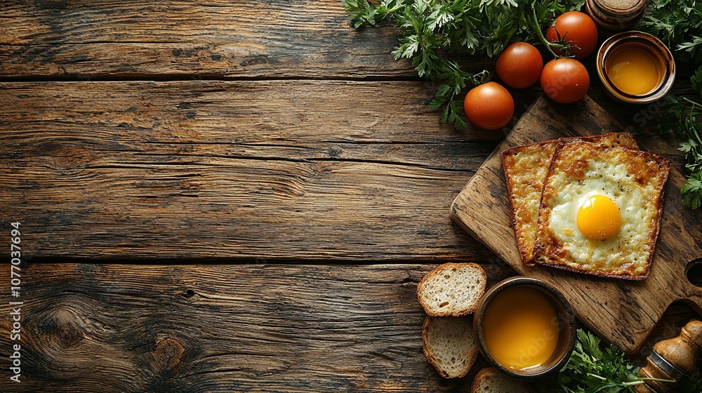Delicious breakfast spread featuring eggs, toast, and fresh tomatoes on rustic wooden table. Perfect for food lovers and culinary enthusiasts Delicious breakfast spread featuring eggs, toast, and fresh tomatoes on rustic wooden table. Perfect for food lovers and culinary enthusiasts