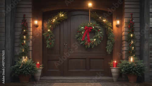 An entrance door beautifully decorated with a Christmas wreath made of fresh pine branches, red berries, pine cones, and a bow.