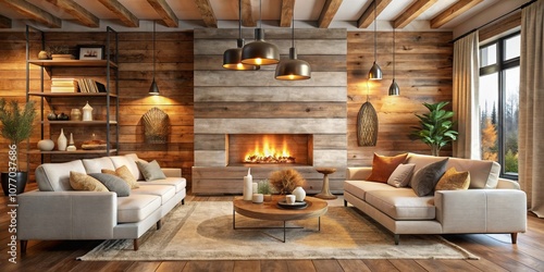 Cozy Living Room with Fireplace, Wooden Walls, and Pendant Lights, Interior Design, Home Decor, Living Room Design