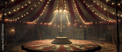 A Vibrant 3D Circus Scene with a Central Podium Inside a Vintage Tent Featuring a Spotlight and Ringmaster's Stand