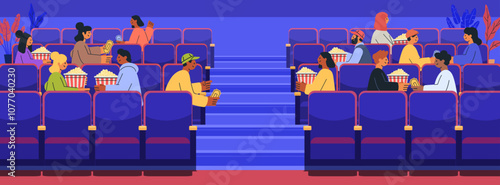 People watching movie theater auditorium audience. Diverse characters with snacks and drinks seated in rows of blue chairs. Indoor scene with plants and steps