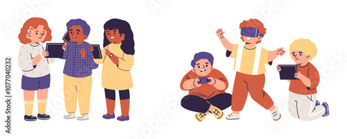 Vector illustration depicting children enjoying using modern gadgets on a white background