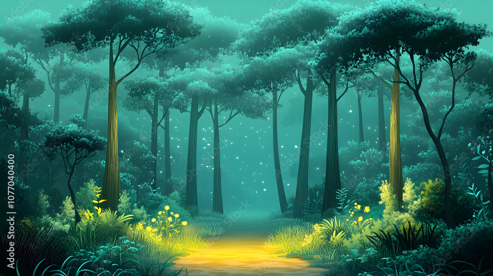 Obraz premium A mystical path through a dense forest lit by fireflies.