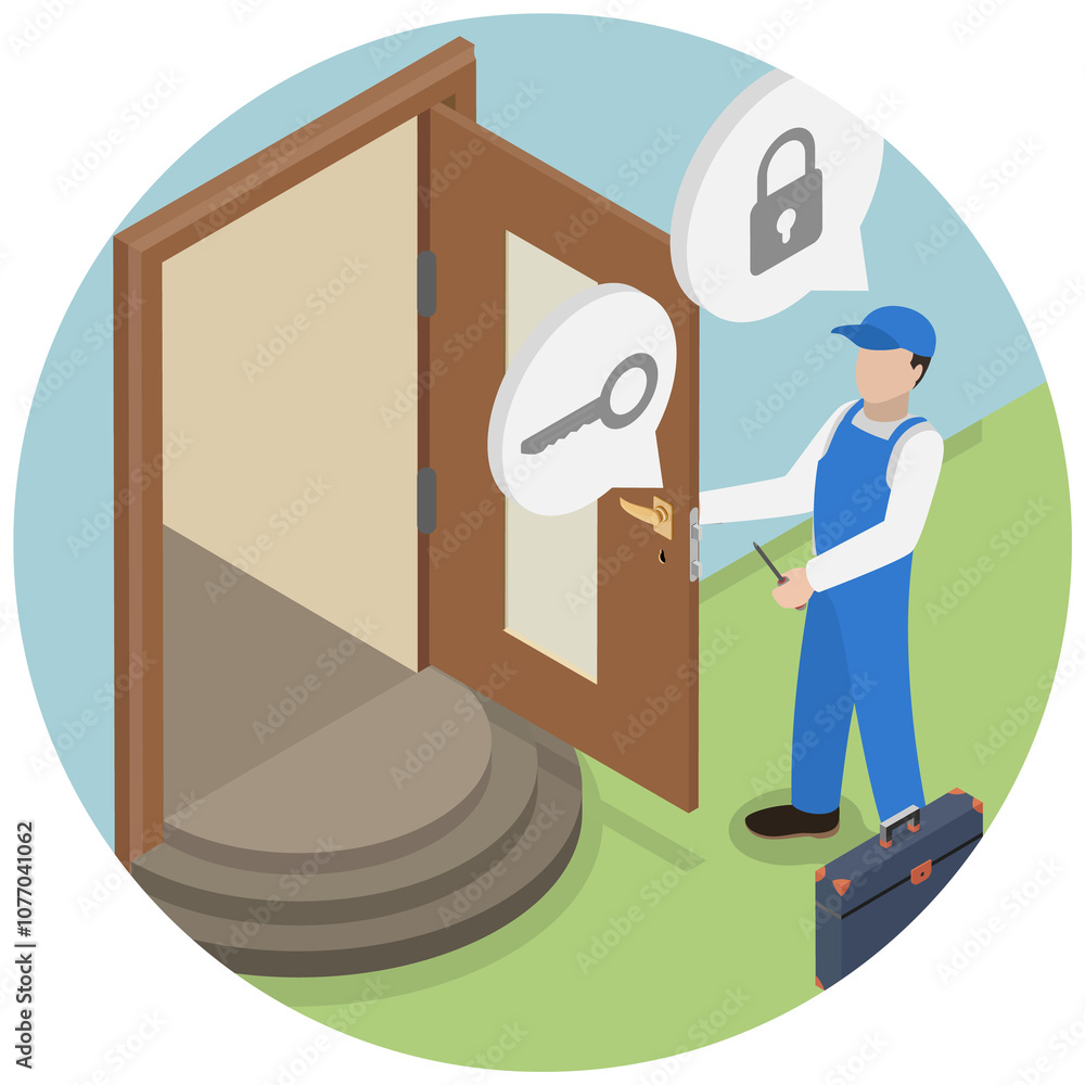 Φωτογραφία 3D Isometric Flat  Illustration of Professional Locksmith Repairing, Fixing Door