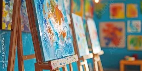 A kidâ€™s artwork displayed on a wall or easel, showcasing their creative expression. photo