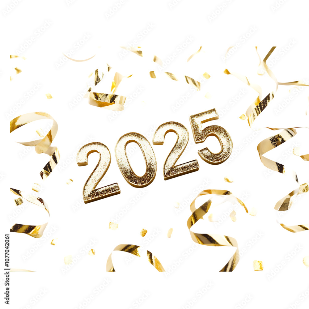 Fototapeta premium Golden 2025 decoration surrounded by festive streamers for New Year celebration in bright atmosphere
