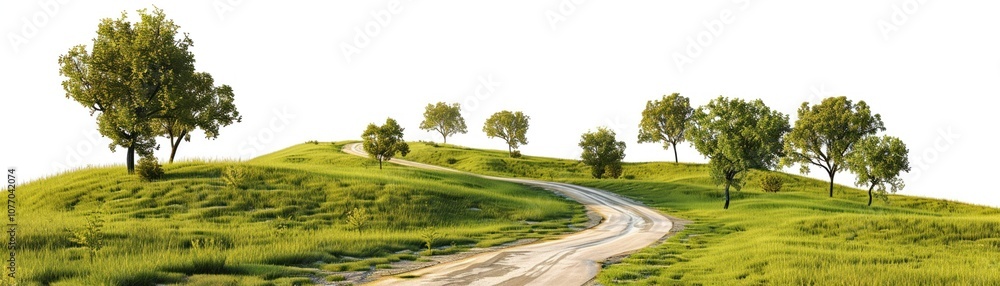 Obraz premium Peaceful countryside with a winding road green meadows