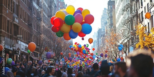 A large Thanksgiving Day parade with giant balloons floating down a busy city street, surrounded by cheering crowds.