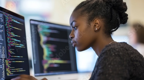 A focused individual coding on a computer, showcasing technology and programming skills.