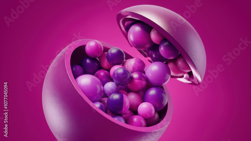 A vibrant, purple capsule bursting with glossy pink and purple spheres, creating a playful and dynamic visual effect on a striking pink background.