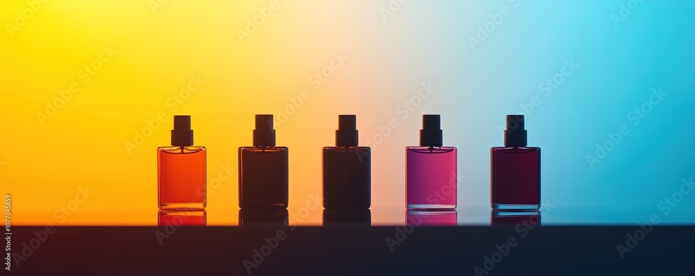 Fototapeta premium Colorful perfume bottles lined up against gradient background
