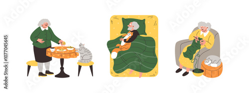 Vector illustration collection of an elderly woman and man with their beloved cat at home