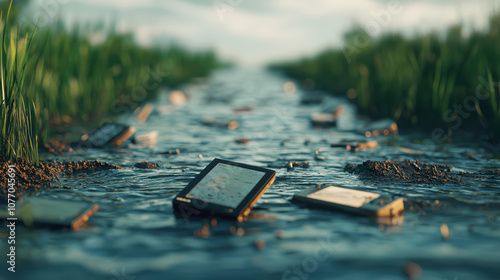 Polluted water with discarded electronics and chemicals in nature photo