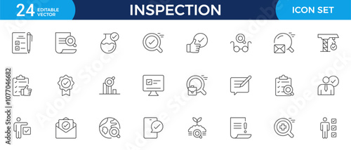 Inspection web icons set in thin line design. Pack of inspection, hire, calculation money, coaching, protection, cooperation, success, task, other outline stroke pictograms.