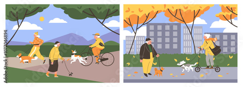 Vector collection of two illustrations with elderly people leading an active lifestyle with dogs