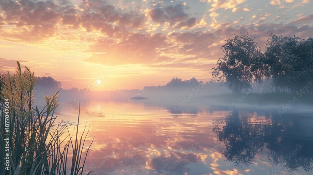 Fototapeta premium Sunrise over a tranquil lake mist rising