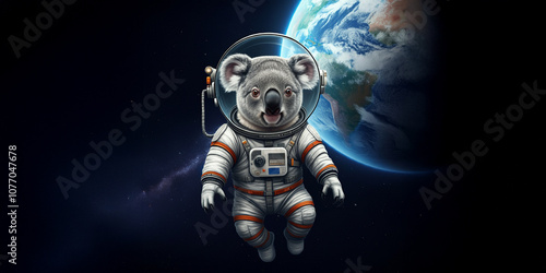 Koala Astronaut Floating in Outer Space in a Space Suit, Planet Earth, Stars, Science, Funny Animal Galaxy Image
 photo