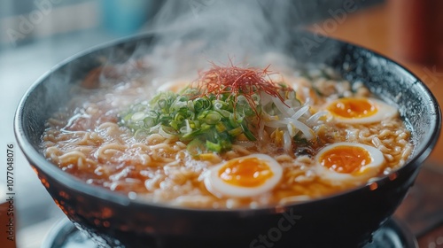 A steaming bowl of ramen with noodles, eggs, and scallions.